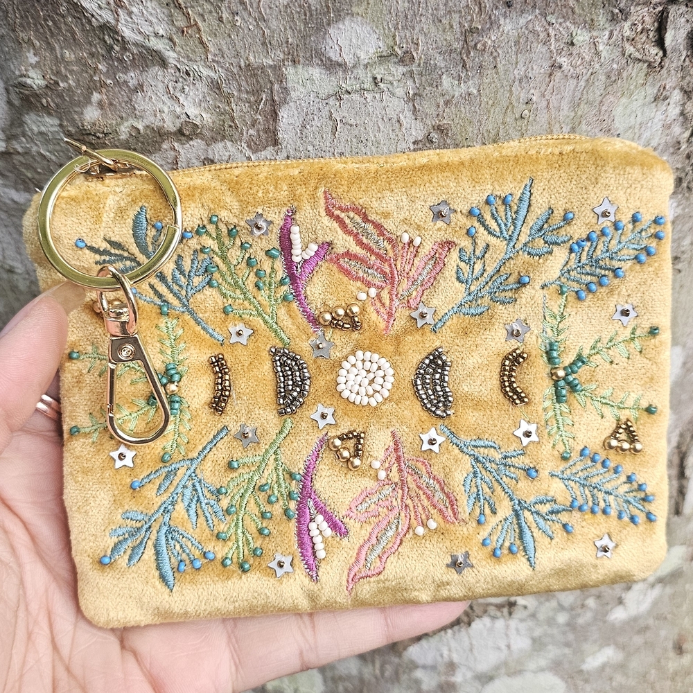 Embroidered Yellow Clutch with Keychain